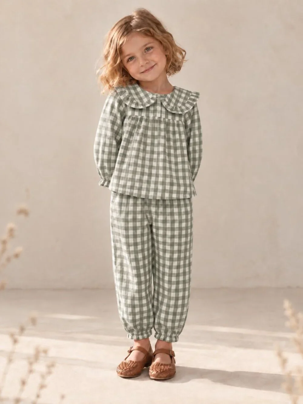Sage Gingham Cottagecore Peter Pan Collar Top and Ruffle Pants Set
